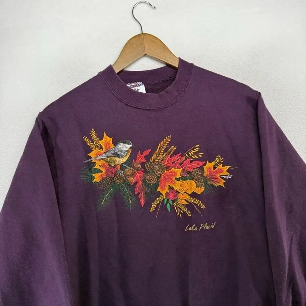 Vintage Lake Placid Sweatshirt Adult Small Purple Graphic Fall Grandma Bird USA
